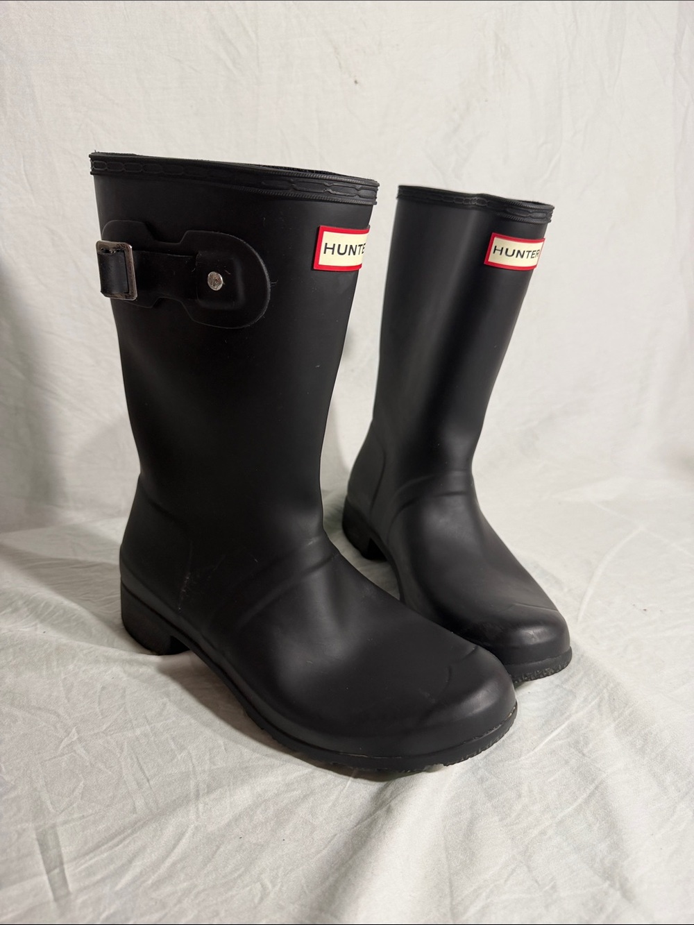 Women’s Hunter Black Mid-Calf Rubber Rain Boots with Side Buckle